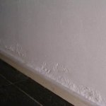 Witte zoutuitbloei en blaasvorming boven de plint langs een binnenmuur, kenmerkend voor optrekkend vocht.