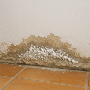 Zoutuitbloeiing (witte kristallen) door optrekkend vocht aan de onderzijde van een binnenmuur.