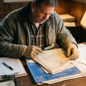 Professionele aannemer bekijkt certificaten en vergunningen op houten bureau met vergrootglas en checklist