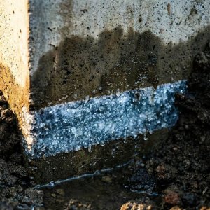 Doorsnede betonnen funderingsmuur met kristallijne vochtbarrière die waterdruppels afstoot, donkere vochtplekken boven