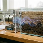 Microgolfsensor op laboratoriumtafel meet bodemvocht in grondlagen met zichtbare elektromagnetische golven