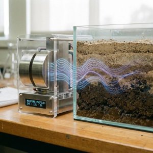 Microgolfsensor op laboratoriumtafel meet bodemvocht in grondlagen met zichtbare elektromagnetische golven