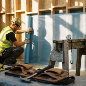 Bouwvakker in veiligheidskledij installeert vochtbarrière op houten frame met gereedschap in voorgrond