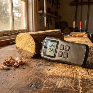 Digitale vochtmeter met LCD-scherm meet houtvochtgehalte, metalen sonde in houtdwarsdoorsnede op werkbank