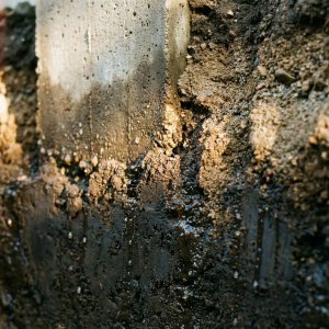 Doorsnede van funderingsmuur met water dat omhoog sijpelt door gelaagde grond van klei naar zand