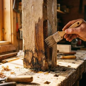 Vakman brengt houtbehandeling aan op verweerd houten balk met kwast in werkplaats met natuurlijk licht