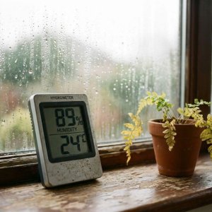 Digitale hygrometer toont hoge luchtvochtigheid op houten vensterbank met condensdruppels en verwelkende plant