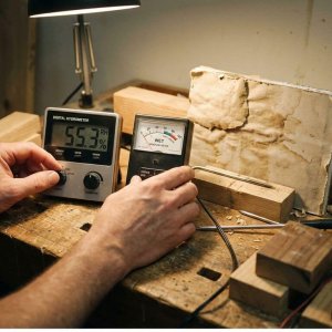 Professionele digitale hygrometer en analoge vochtmeter op houten werkbank naast beschadigd gipsplaat monster