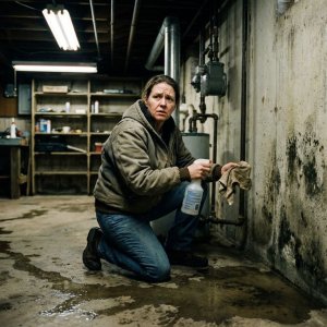 Huiseigenaar knielt bij vochtige keldermuur met schimmelplekken, houdt spuitfles vast, waterschade op betonvloer zichtbaar