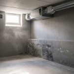 Moderne kelder met plafondventilatie en vochtschade aan ondermuur, betonvloer reflecteert natuurlijk licht van raam