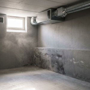 Moderne kelder met plafondventilatie en vochtschade aan ondermuur, betonvloer reflecteert natuurlijk licht van raam