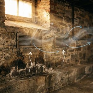 Dwarsdoorsnede van kelder met vochtproblemen en ventilatie-oplossingen, zonlicht toont luchtcirculatie patronen