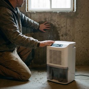 Huiseigenaar knielt naast vochtige keldermuur en bedient witte luchtontvochtiger om vochtproblemen op te lossen