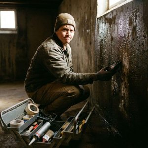 Huiseigenaar onderzoekt vochtige keldermuur met vochtmeter, zichtbare waterschade en druppels op betonnen oppervlak