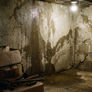 Kelderhoek met donkere watervlekken op betonnen muur, waterdruppels en plas op vloer door vochtproblemen