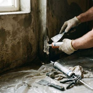 Huiseigenaar brengt witte waterdichte kit aan op vochtige kelderhoek met zichtbare vochtschade en gereedschap