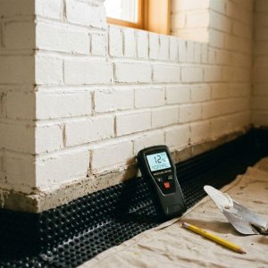 Witte geschilderde bakstenen keldermuur met vochtmeter die normale waarden toont en professionele vochtbarrière