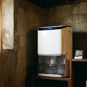 Moderne luchtontvochtiger in kelderhoek met LED-indicatoren, digitale hygrometer op plank toont vochtigheidsmetingen