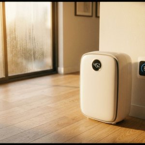 Moderne luchtontvochtiger naast digitale thermostaat in woonkamer met condensatie op raam en warme natuurlijke verlichting