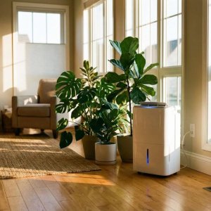 Moderne luchtontvochtiger in lichte woonkamer met gezonde kamerplanten en droge houten vloeren