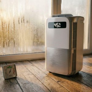 Moderne witte luchtontvochtiger op houten vloer met hygrometer ernaast, condensatie op raam op achtergrond