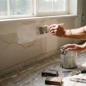 Professionele aannemer brengt witte primer aan op gerepareerd gipsplaat met waterschade, gereedschap op beschermfolie