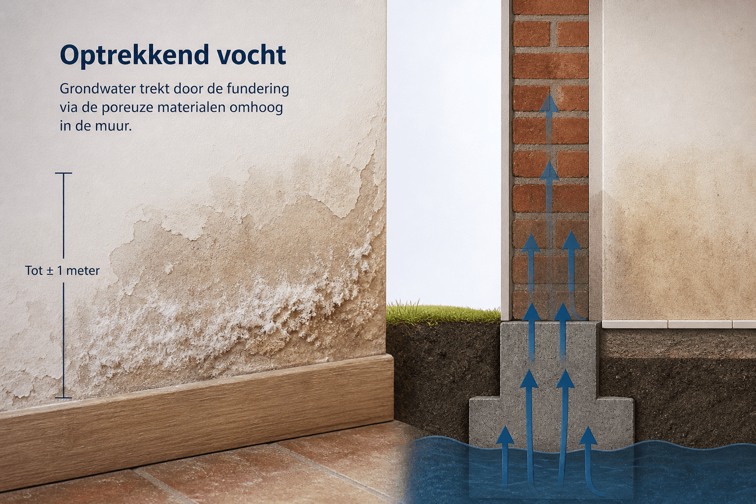 Optrekkend vocht aan de onderzijde van een muur