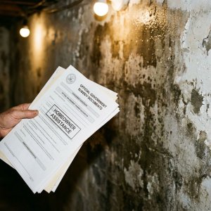Hand houdt overheidssubsidiedocumenten vast voor vochtige keldermuur met waterschade en afbladderende verf