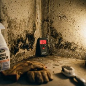 Vochtige kelderhoek met donkere schimmelplekken, vochtmeter tegen muur, handschoenen en behandelingsbenodigdheden