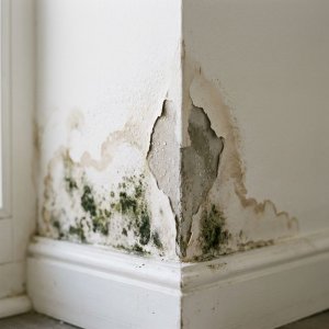 Zwarte en donkergroene schimmelplekken op witte muur met waterschade en afbladderende verf bij de plint