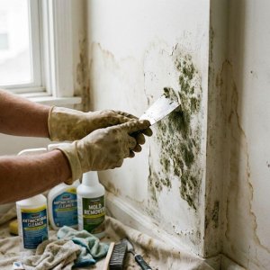 Persoon met handschoenen verwijdert groene schimmel van vochtige muur met plamuurmes, schoonmaakmiddelen op doek eronder