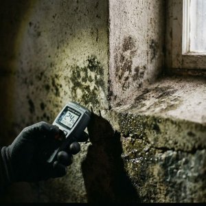 Professionele vochtmeter meet schimmel op kelderbetonmuur met waterdruppels en donkere vlekken zichtbaar
