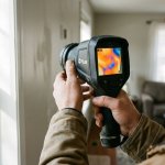 Thermische camera toont vochtdetectie in wand met oranje-blauwe warmtepatronen die waterschade onthullen