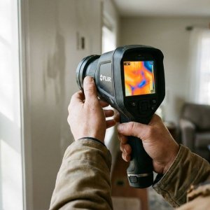 Thermische camera toont vochtdetectie in wand met oranje-blauwe warmtepatronen die waterschade onthullen