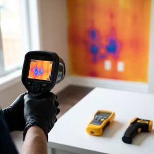 Technicus gebruikt warmtebeeldcamera om vochtproblemen in wand te detecteren, toont blauwe en oranje hittezones