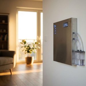 Moderne ventilatiesysteem op witte muur met blauwe LED-indicatoren en digitale thermostaat in droge woonkamer