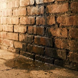 Bakstenen muur met vochtproblemen en opstijgend vocht, donkere vlekken op metselwerk met waterdruppels en plas water