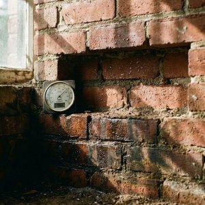 Doorsnede van bakstenen muur met vochtschade, watervlekken en hygrometer die luchtvochtigheid meet