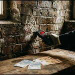 Vochtmeter meet waterschade op bakstenen keldermuur, eurorekeningen op houten oppervlak tonen renovatiekosten