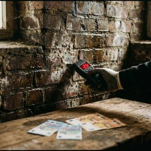 Vochtmeter meet waterschade op bakstenen keldermuur, eurorekeningen op houten oppervlak tonen renovatiekosten