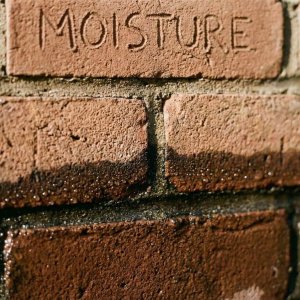 Dwarsdoorsnede van bakstenen muur met vocht dat omhoog stijgt door capillaire werking, donkere verzadiging onderaan