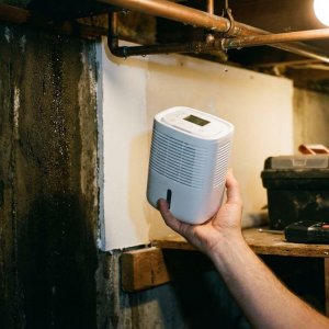 Huiseigenaar houdt moderne luchtontvochtiger vast in kelder met vochtschade en droge muurbehandeling