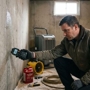 Vochtspecialist onderzoekt kelderwaand met digitale vochtmeter, ontvochtiger en gereedschap op achtergrond