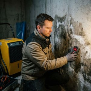 Vochtspecialist meet met digitale vochtmeter vochtige kelder muur, professionele gereedschappen zichtbaar op achtergrond