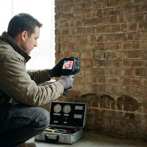 Technicus onderzoekt bakstenen muur met thermische camera en vochtmeters, watervlekken zichtbaar aan onderkant muur