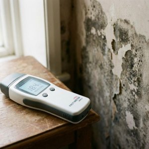 Professioneel vochtmeetapparaat met digitaal display op houten tafel naast waterschade aan muur