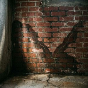 Doorsnede van bakstenen muur met vochtproblemen, donkere watervlekken en condensdruppels in kelderhoek