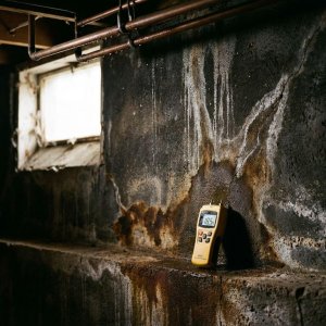 Doorsnede keldermuurtje toont vochtschade met watervlekken, condensatie op leidingen en vochtmeter tegen betonwand