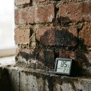 Bakstenen muur met vochtige vlekken en waterschade vanaf fundering, digitale hygrometer toont luchtvochtigheid