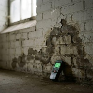 Keldermuurtje met vochtschade en donkere vlekken, digitale vochtmeter toont metingen van opstijgend vocht